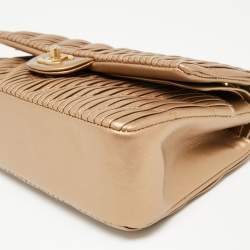 Pre Owned Chanel Gold Pleated Leather Medium Classic Double Flap Bag
