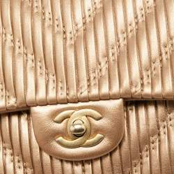 Pre Owned Chanel Gold Pleated Leather Medium Classic Double Flap Bag
