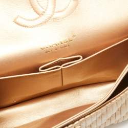 Pre Owned Chanel Gold Pleated Leather Medium Classic Double Flap Bag