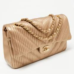 Pre Owned Chanel Gold Pleated Leather Medium Classic Double Flap Bag