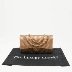 Pre Owned Chanel Gold Pleated Leather Medium Classic Double Flap Bag