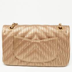 Pre Owned Chanel Gold Pleated Leather Medium Classic Double Flap Bag
