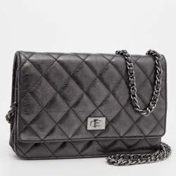 Chanel Metallic Grey Quilted Leather Reissue 2.55 Wallet On Chain