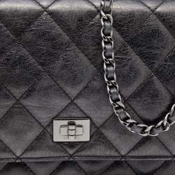 Chanel Metallic Grey Quilted Leather Reissue 2.55 Wallet On Chain