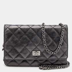 Chanel Metallic Grey Quilted Leather Reissue 2.55 Wallet On Chain
