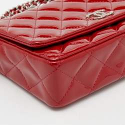 Chanel Red Quilted Patent Leather CC Wallet on Chain