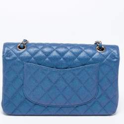 Pre Owned حقيبة شانيل كلاسيك جلد كافيار مبطن أزرق بقلاب مزدوج متوسطة