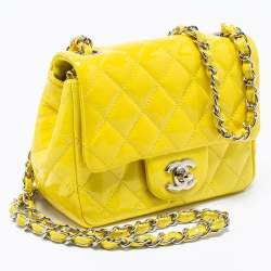 Pre Owned Chanel Yellow Quilted Patent Mini Square Classic Flap Bag