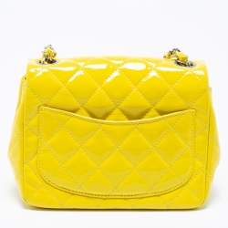 Pre Owned Chanel Yellow Quilted Patent Mini Square Classic Flap Bag