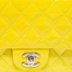 Pre Owned Chanel Yellow Quilted Patent Mini Square Classic Flap Bag