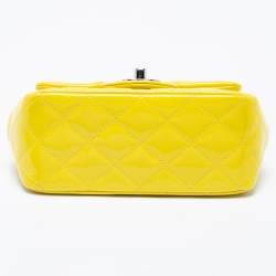 Pre Owned Chanel Yellow Quilted Patent Mini Square Classic Flap Bag