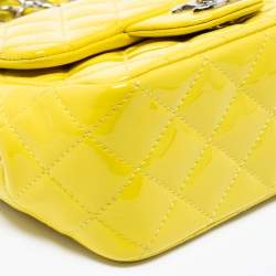 Pre Owned Chanel Yellow Quilted Patent Mini Square Classic Flap Bag