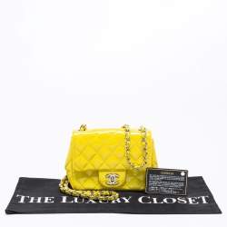 Pre Owned Chanel Yellow Quilted Patent Mini Square Classic Flap Bag