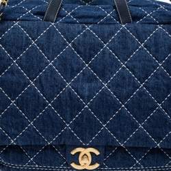 Pre Owned Chanel Blue Quilted Denim Large Bowling Bag