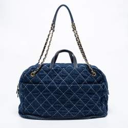 Pre Owned Chanel Blue Quilted Denim Large Bowling Bag