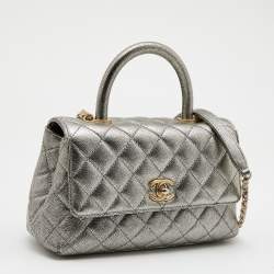 Pre Owned Chanel Metallic Quilted Caviar Leather Mini Coco Top Handle Bag