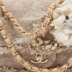 Pre Owned Chanel Beige Quilted Jute And Wicker Floral Embellished Wild Stitch Flap Bag