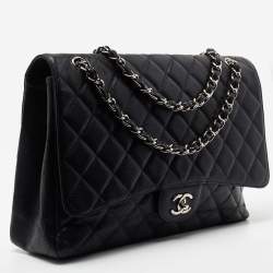 Pre Owned Chanel Black Quilted Caviar Leather Maxi Classic Single Flap Bag