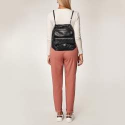 Pre Owned Chanel Black Quilted Leather Small Drawstring CC Flap Backpack 