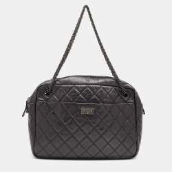 Pre Owned Chanel Metallic Black Quilted Aged Leather Large Reissue Camera Bag