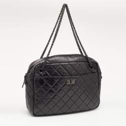 Pre Owned Chanel Metallic Black Quilted Aged Leather Large Reissue Camera Bag