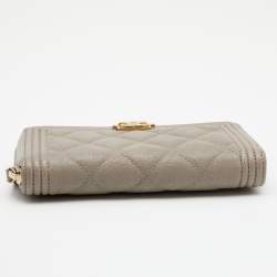 Pre Owned Chanel Grey Quilted Caviar Leather Boy Zip Around Wallet