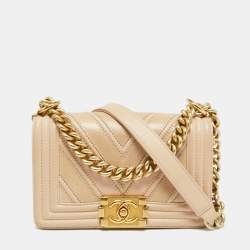 Chanel Beige Chevron Caviar and Leather Small Boy Flap Bag Chanel