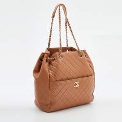 Pre Owned Chanel Brown Quilted Leather CC Lock Drawstring Bucket Bag