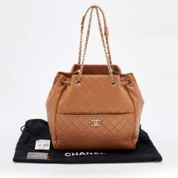 Pre Owned Chanel Brown Quilted Leather CC Lock Drawstring Bucket Bag