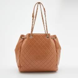 Pre Owned Chanel Brown Quilted Leather CC Lock Drawstring Bucket Bag