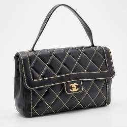 Pre Owned Chanel Black Leather Wild Stitch Surpique Flap Bag