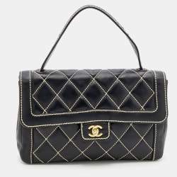 Pre Owned Chanel Black Leather Wild Stitch Surpique Flap Bag