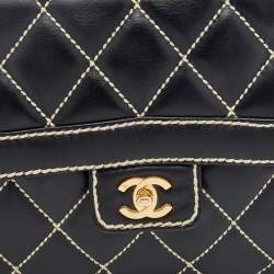 Pre Owned Chanel Black Leather Wild Stitch Surpique Flap Bag