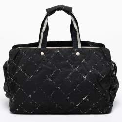 Pre Owned Chanel Black/White Quilted Print Nylon Travel Line Duffel Bag
