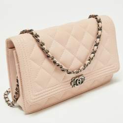 Pre Owned Chanel Blush Pink Quilted Leather Boy Wallet On chain