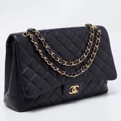 Pre Owned Chanel Black Quilted Caviar Leather Maxi Classic Single Flap Bag