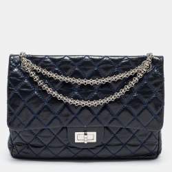 Pre Owned Chanel Navy Blue Quilted Leather Reissue 2.55 Classic 227 Double Flap Bag