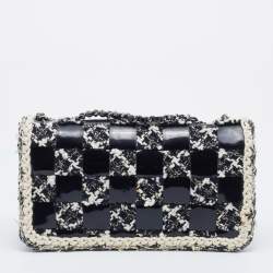 Pre Owned Chanel Black/White Chessboard Tweed and Patent Leather Flap Bag
