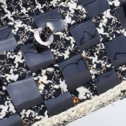 Pre Owned Chanel Black/White Chessboard Tweed and Patent Leather Flap Bag