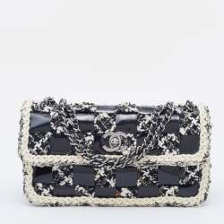 Pre Owned Chanel Black/White Chessboard Tweed and Patent Leather Flap Bag