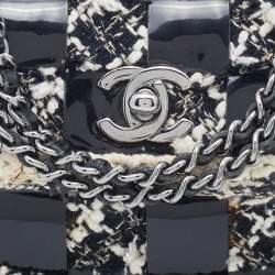 Pre Owned Chanel Black/White Chessboard Tweed and Patent Leather Flap Bag