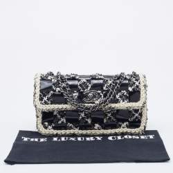 Pre Owned Chanel Black/White Chessboard Tweed and Patent Leather Flap Bag