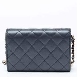 Pre Owned Chanel Navy Blue Quilted Leather Pearl Embellished Wallet on Chain
