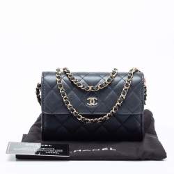 Pre Owned Chanel Navy Blue Quilted Leather Pearl Embellished Wallet on Chain