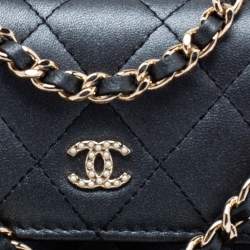 Pre Owned Chanel Navy Blue Quilted Leather Pearl Embellished Wallet on Chain