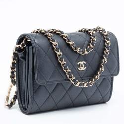 Pre Owned Chanel Navy Blue Quilted Leather Pearl Embellished Wallet on Chain