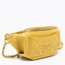 Pre Owned Chanel Yellow Quilted Caviar Leather Filigree Waist Bag