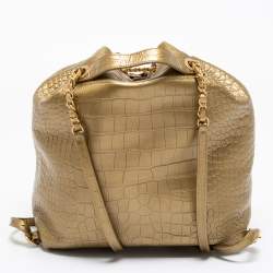 Pre Owned Chanel Gold Croc Embossed Leather Drawstring Backpack