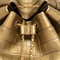 Pre Owned Chanel Gold Croc Embossed Leather Drawstring Backpack