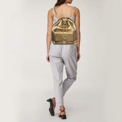 Pre Owned Chanel Gold Croc Embossed Leather Drawstring Backpack